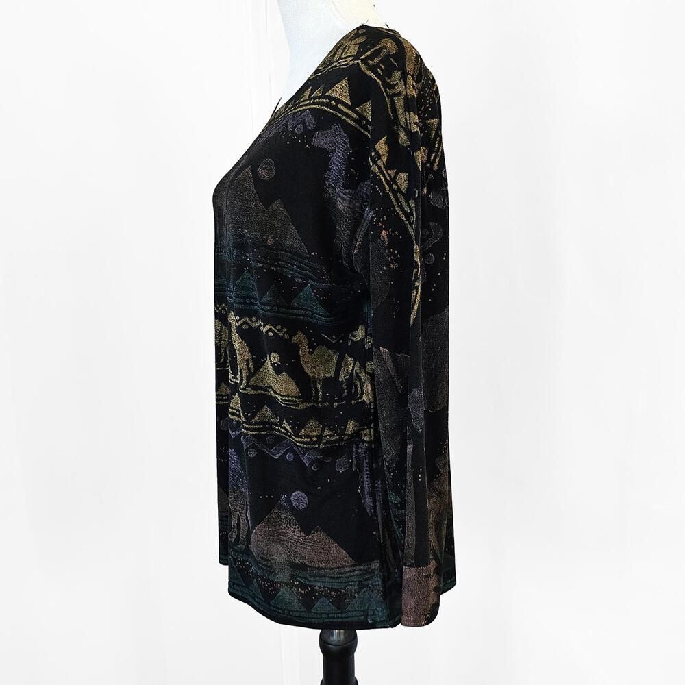Vintage Las Cafa Medium 90s Desert Oasis Long Sleeve Black Pyramid Camel Shirt - Picture 2 of 5